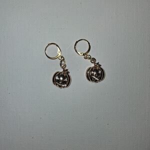 Gold Pumpkin Halloween Earrkng with Carves Faces Asymmetrical Dangle Earrings